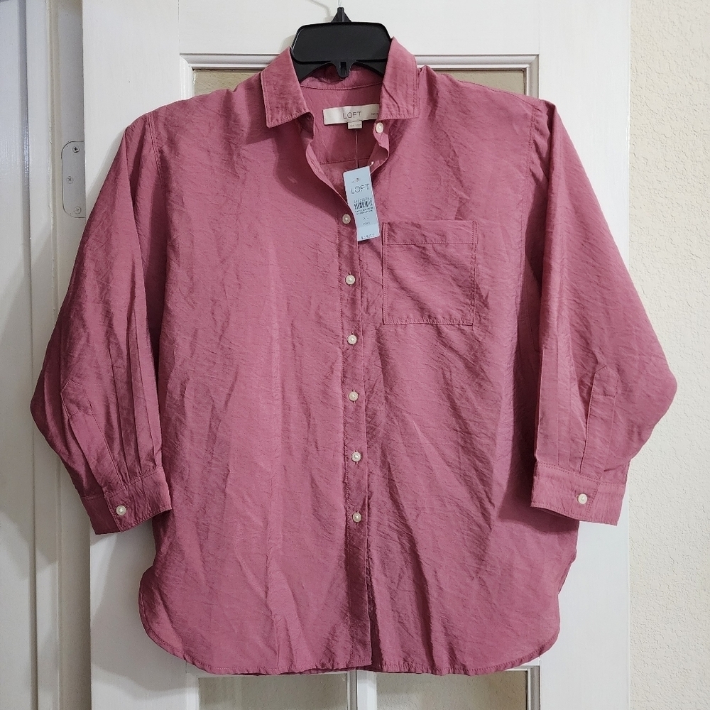 NWT LOFT Petite Rose Pink Button Front Blouse XSP - Picture 1 of 11